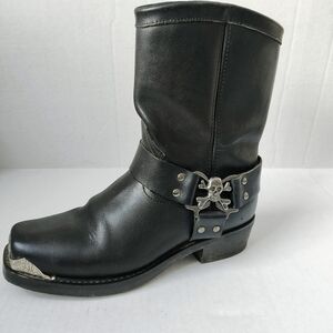 Dingo Men's Black Leather Motorcycle Boots With Harness W Skull Crossbones Sz 9
